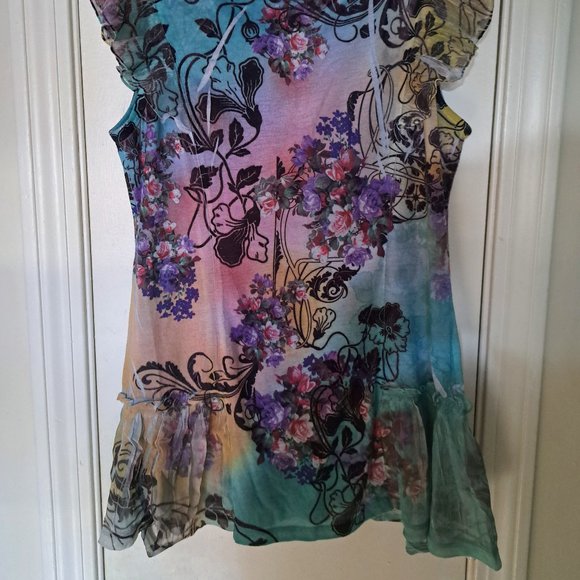 Romantic Top Floral Blouse Turquoise Lg Casual Freedom Short Sleeve Tunic Long - Picture 6 of 12